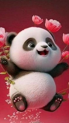 a panda bear with flowers on its back and eyes wide open, sitting in front of a red background