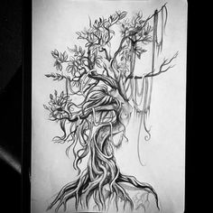 a drawing of a tree with roots growing out of it