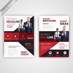 two brochures with red, black and white colors on them for business purposes