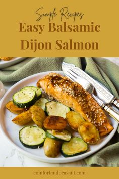 an easy balsamic dijon salmon recipe on a white plate