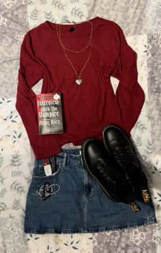 downtown girl rory gilmore outfit inspo doc martens sweater vampire red and black fitspo gilmore girls Outfits That Go With Dr Martens, Outfits With Red Sweaters, Red And Black Fall Outfits, Clothes Rory Gilmore, Winter Outfits Gilmore, Fall Outfit With Leather Jacket, Vampire Gf Outfit Aesthetic, Outfit With Red Sweater, Downtown Girl Christmas Outfits