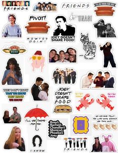 many different stickers are arranged on a white background, including people and food items