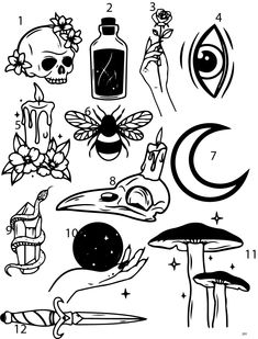 an ink drawing with various items for tattoos and other things to draw on the page