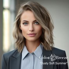 Young Dusty Soft Summer Season Example. Hair Colour Soft Summer, Hair Color For Soft Summer Skin Tone, House Of Color Summer Hair Colors, Soft Summer Balayage, House Of Color Summer Hair, Summer Palette Hair Color, Light Summer Vs True Summer, Muted Summer Hair Color, Soft Summer Hair Color Blonde