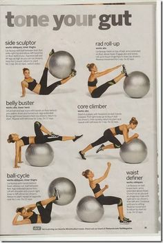 a woman doing exercises on an exercise ball with the caption tone your gutt