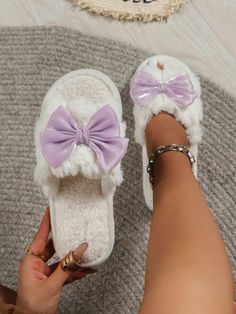 Women Fluffy Bow-Knot Slippers, Warm & Breathable Indoor House Shoes For All Season Use Purple Preppy    Animal    Women Shoes, size features are:Bust: ,Length: ,Sleeve Length: Slipper Aesthetic, Purple Preppy, Purple Slippers, Cute Slippers, Bow Knot, House Shoes, Cute Simple Outfits, House Slippers, Womens Fall