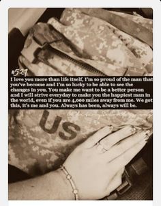 a woman's hand resting on the back of a backpack with an army message above it