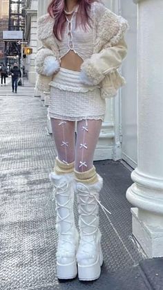 Winter Dresses Drawing, Y2k Spring Fashion, Fashion Inspo Outfits Y2k, All White Y2k Outfit, Petticoat Outfit Ideas, White Winter Outfits Y2k, Gyaru Inspired Outfits, Wintercore Aesthetic Outfit, 1991 Outfits