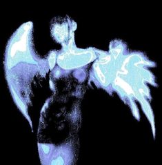 an angel with blue wings is shown in this artistic photo, it appears to be painted on black paper