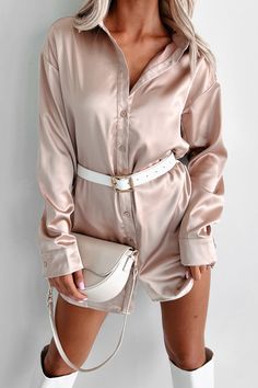 Coveted Appeal Satin Shirt Dress (Champagne Gold) - NanaMacs Satin Shirt Dress, Dress Champagne, Color Champagne, Gold Satin, Shirt Dress Style, Satin Shirt, Satin Material, Champagne Gold, Evening Attire