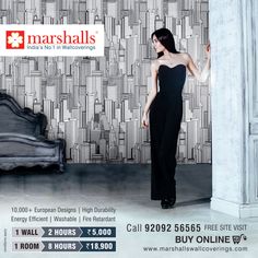 a woman standing in front of a wallpapered background with the words marshalls on it