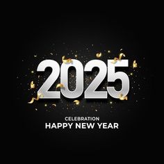 a black and white new year card with gold confetti on the numbers 2055