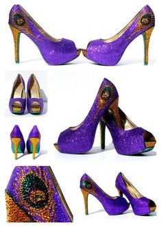 Mardi Gras Swarovski Crystal Peacock Heel – Wicked Addiction Purple Rhinestone Wedding Heels, Peacock Heels, Crazy Heels, Royal Purple Color, Closed Toe Heels, Gold Topaz, Fun Heels, Crystal Shoes, Glitter Shoes