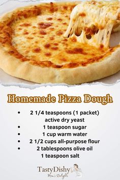 a pizza sitting on top of a white plate covered in cheese and toppings with instructions for how to make homemade pizza dough