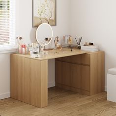 a wooden desk topped with lots of makeup and personal care items next to a window