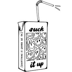 a black and white drawing of a juice box with a straw sticking out of it