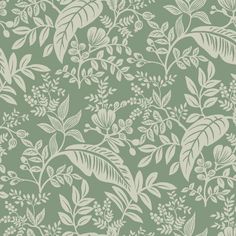 a green and white wallpaper with leaves and flowers on the back half of it