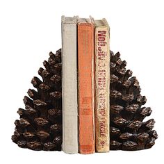 two books are sitting on top of a pine cone shaped bookend with an orange cover