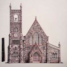 a drawing of a church with a clock on it