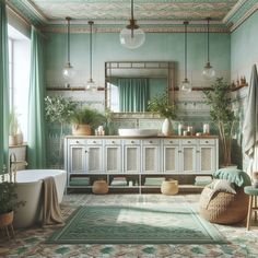 a bathroom with green walls and rugs, potted plants on the side of the bathtub