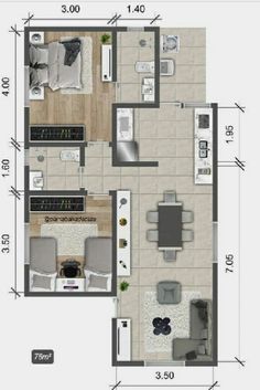 the floor plan for a two bedroom apartment with an attached kitchen and living room area