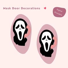 two masks with the words mask door decorations printed in pink and black, on top of each other