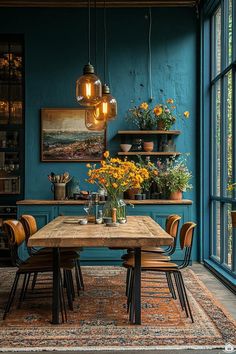 a dining room with blue walls and wooden table surrounded by chairs, potted plants and hanging lights