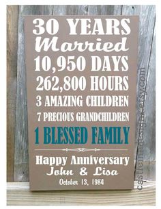 a sign that says 30 years married, 10, 350 days 20, 500 hours 3 amazing children 7 precious grandson