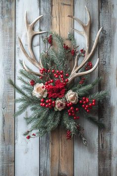 the antlers are adorned with red berries and greenery, while the deer's head is mounted on a wood paneled wall