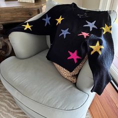 Adorable Light Knit Sweater With Colorful Patterned Stars All Over Bought From Local Boutique, Brand New Without Tags ~ Multicolor Stars On Black ~ Crew Neck Light Knit Sweater, Star Sweater, Light Knit, Local Boutique, Sweater Sizes, Knitted Sweaters, Black Pink, Crew Neck, Brand New