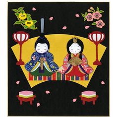 two geisha dolls sitting next to each other on a yellow and black background with flowers