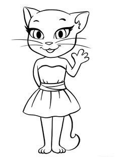 a black and white drawing of a cat wearing a dress with her hand up in the air