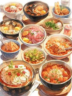 a table topped with lots of bowls filled with different types of soups and veggies