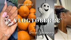 a collage of photos with pumpkins and ghost nail decals on the nails