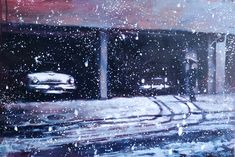 an oil painting of cars driving down a street in the rain