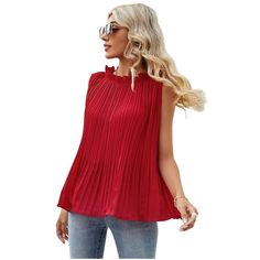 Elevate your style with the KOJOOIN Sleeveless Tops for Women, a chic addition that blends sophistication with comfort. This pleated tunic top features a delicate chiffon blouse with a frilly mock neck, offering a flowy and dressy appeal while maintaining a casual vibe. Perfect for any occasion, it's a versatile piece that can be dressed up or down.

- Material: 100% Polyester
- Color: Red
- Size: One size fits all (suitable for sizes 6-20)
- Gender: Female
- Features: Pleated tunic design, chif Elegant Non-stretch Sleeveless Blouse, Elegant Sleeveless Non-stretch Blouse, Non-stretch Red Blouse For Summer, Non-stretch Red Summer Blouse, Red Non-stretch Summer Blouse, Summer Red Chiffon Blouse, Chic Red Chiffon Top, Elegant Red Chiffon Tops, Red Stretch Sleeveless Blouse