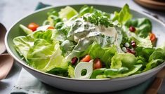 a salad in a bowl with dressing on top