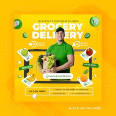 an advertisement for grocery delivery with a man holding a box of fruit and vegetables on it