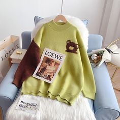 Style: commuting Size: one size Color: green, gray, Navy Loose Pullover Sweater, Street Girl, Bear Sweater, Sweater Trends, Loose Pullover, Little Bear, Loose Sweater, Softest Sweater, Turtleneck Sweater