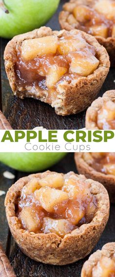 apple crispes cookie cups on a baking sheet with apples in the background and text overlay