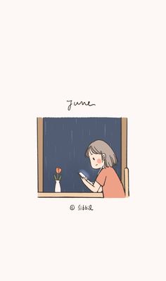 a girl looking out the window at flowers and writing on a chalkboard that says june