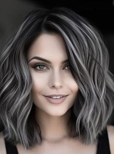 Hair Colour Transition To Grey, Dark Hair Color With Gray Highlights, Dark Base With Grey Highlights, Black And Silver Hair Color Ideas, Blending Gray Hair Around Face, Blending Brown And Grey Hair, Grey Hair Transition Going Gray Dark Brown, Dark Ash Brown Highlights On Black Hair, Dark Hair With Gray Highlights Silver