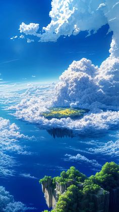 an island in the middle of some water surrounded by clouds