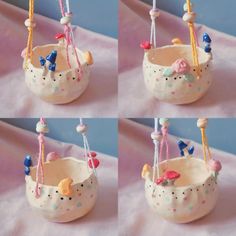 four different pictures of a toy boat with beads on the handle and strings attached to it