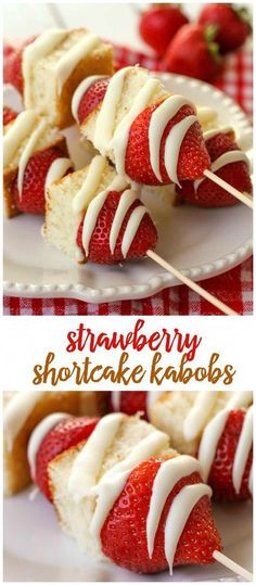 strawberry shortcake kabobs with white icing and strawberries on the side