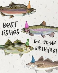 three fish with birthday hats on their heads and the words best wishes on your birthday