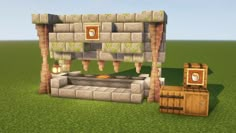 an image of a minecraft house with a fire place in the middle and a wooden barrel next to it