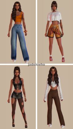 four different poses of the same woman in various outfits and clothes, all wearing high waisted jeans