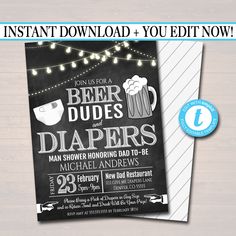 "BEER, DUDES AND DIAPERS MAN SHOWER INVITE! Awesome beer man shower party invite is great for throwing a fun dad diaper shower! Features a faux chalkboard background and trendy graphics! A great invite to use when hosting a fun man shower party for the dad to be! *MOST ALL TEXT IS EDITABLE SO MAKE IT SAY WHATEVER YOU WISH! Use for dad shower, baby showers, baby sprinkles, gender reveal parties, couples showers and more! FULL EDITING OPTIONS WITH TEMPLETT! TRY THE DEMO NOW - Just copy and paste t Dudes And Diapers Party, Man Shower, Baby Is Brewing, Chalkboard Printables, Invitation Text, Chalkboard Background, Baby Invitations, Couple Shower, Baby Sprinkle