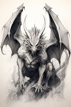 a black and white drawing of a demon